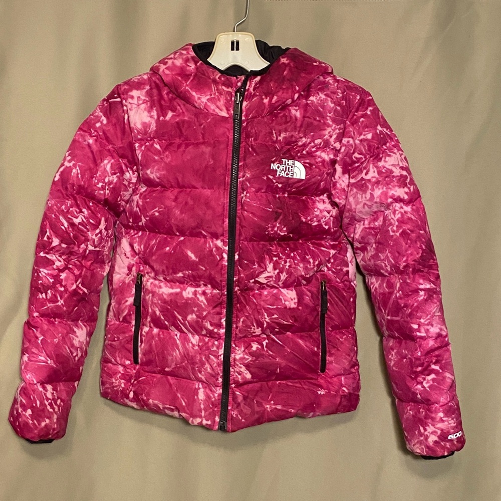 The North Face Winter Outdoor Printed Hooded Puffer 600 Fuchsia Pink Splash L
